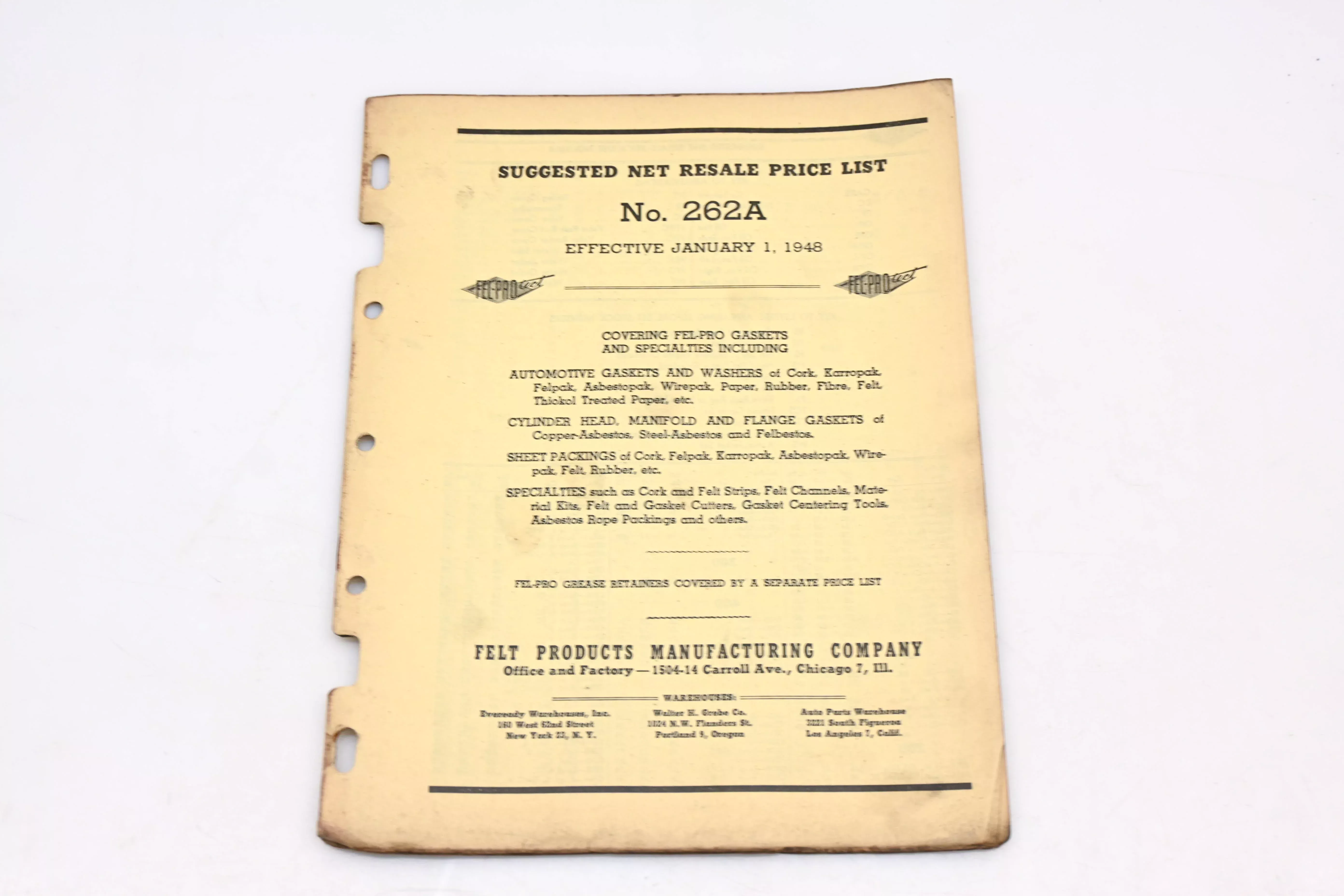 Fel-Pro 262A 1947 Master Gasket Catalog Supplement