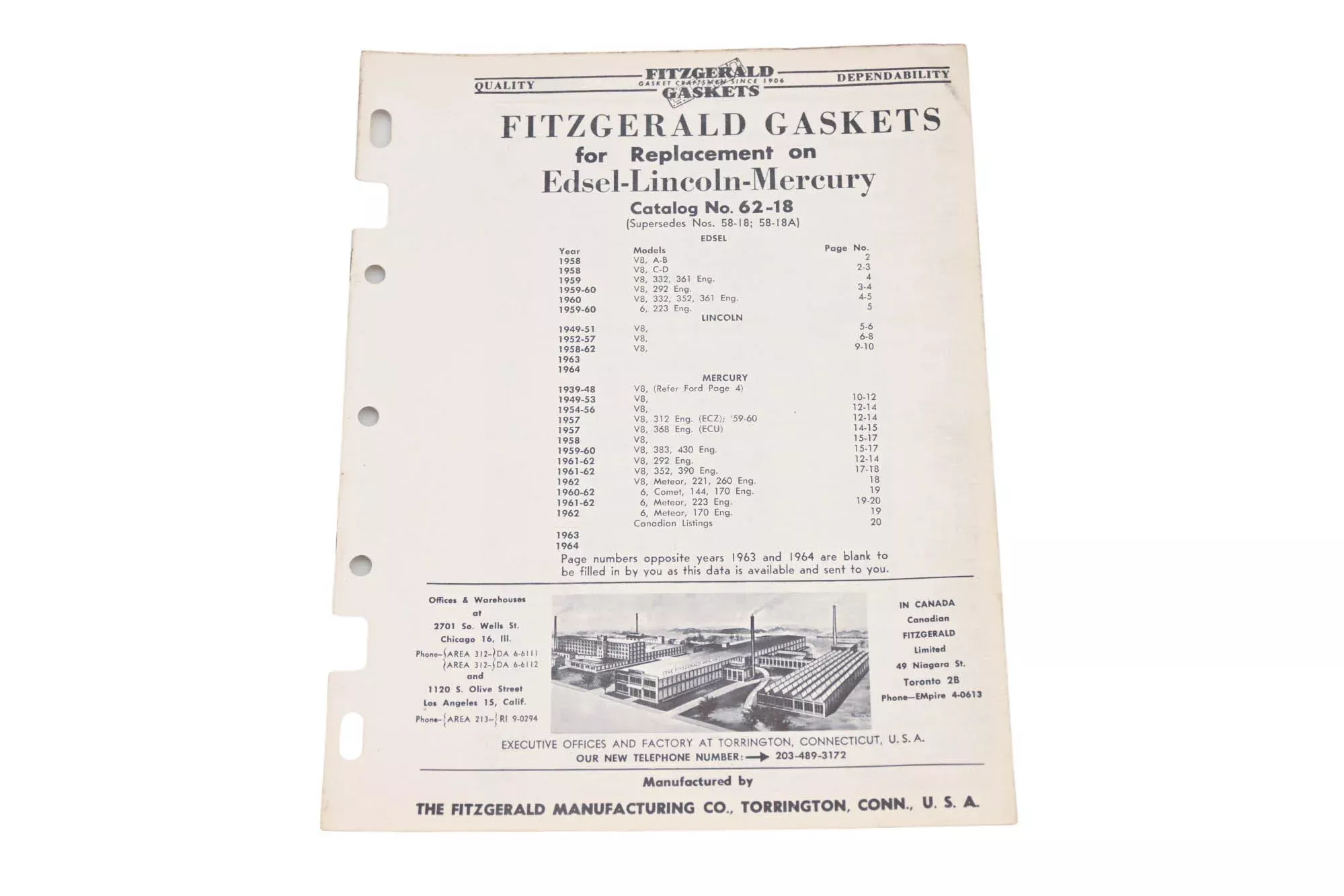 Fitzgerald 62-18 Edsel Lincoln Mercury Replacement Gaskets Catalog